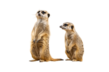 Two meerkats sitting together, displaying their natural sandy-colored fur and characteristic facial markings and expressions, isolated on a transparent background