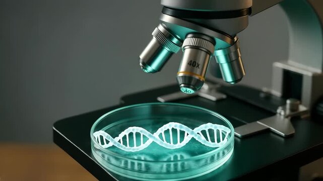 A gloved scientist positions a tweezer above a dna model inside a glass petri beneath a 40x microscope. Concept of cellular analysis and genome study.