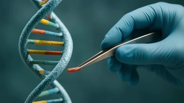 Blue‑gloved hand uses precision tweezers to replace a colored base pair on a dna strand. Concept of genetic engineering and crispr innovation.