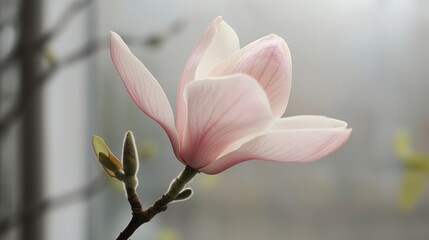 Fototapeta premium Close-up of a pink magnolia flower bud on a tree branch. the flower is in full bloom, with its petals spread out in a fan-like shape.