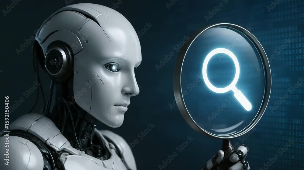 Poster a silver android studies a glowing search icon through a magnifying glass against a dark coded backd