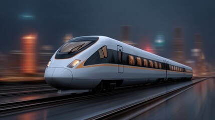 Naklejka premium High-Speed Train Efficiency Metrics Displayed in Urban Environment Dynamic Transport Concept Night Viewpoint
