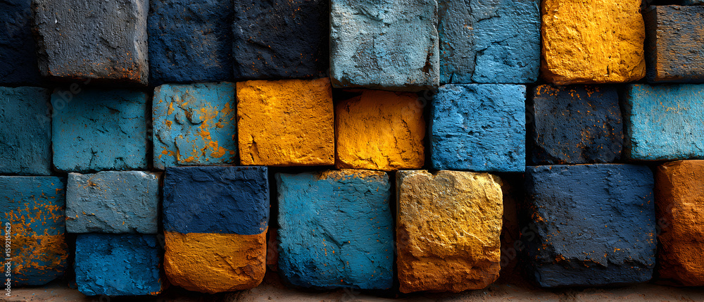 Poster blue and yellow wall made of blocks. the blocks are arranged in a pattern that creates a sense of de