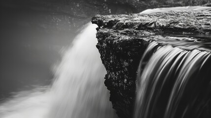 Black and White: A Tiny Waterfall Falling Over a Smooth Cliff Surface, Generative AI.
