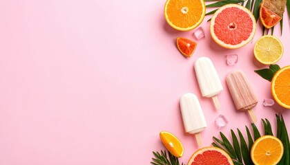 Colorful fruit popsicles on a pink background