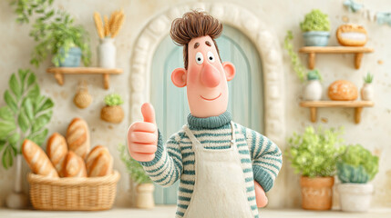Cheerful cartoon baker giving a thumbs up in a cozy bakery cafe setting.