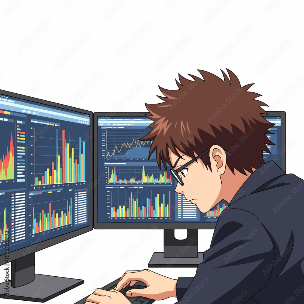 Poster man working with financial data on multiple computer screens displaying stock market charts and grap