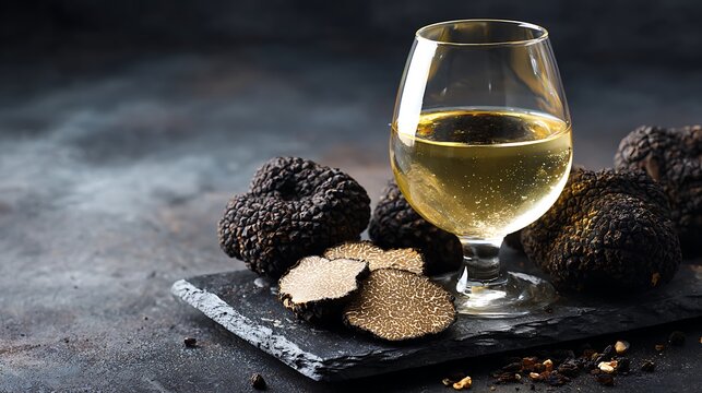 Black truffles and slices with white wine on black stone background , isolated on white background, , copy space, copy space for text, . - Powered by Adobe