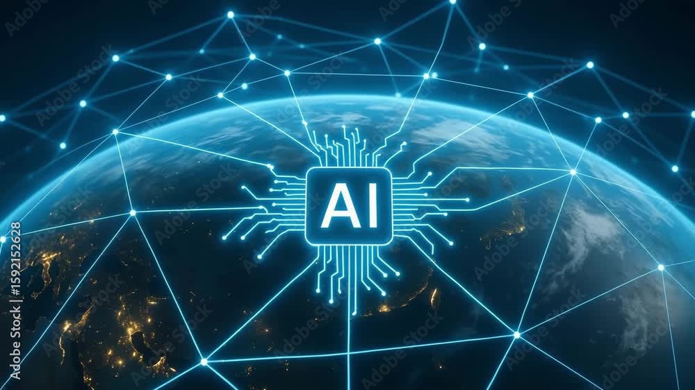 Poster a glowing ai microchip pulses above earth while blue lines connect worldwide nodes. concept of artif