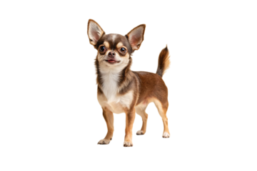 Chihuahua with chocolate and tan coloring, large ears, compact size, alert stance, short coat, isolated on a transparent background