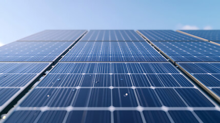 Obraz premium Solar Panels on Rooftop. Clean Energy Concept. Eco-Friendly Power Generation. Blue sky reflecting on cells. Sustainability for future generations.