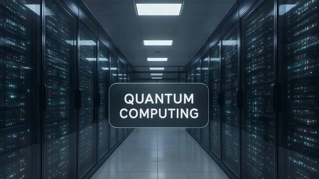 A long aisle of illuminated server racks features a floating label quantum computing. Concept of next‑generation processing power.