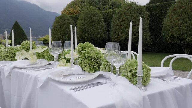 An Elegant Outdoor Dining Setup Featuring Beautiful Greenery and Soft Candlelight. Action