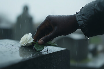 Rose on a grave in the rain. A somber moment of remembrance and grief, marked by a single white flower on the damp stone.