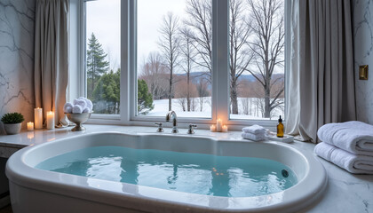 Modern bathroom with jacuzzi and view of winter landscape outside  