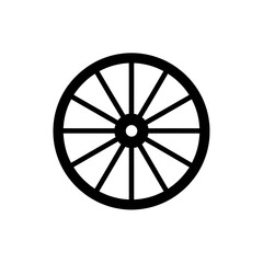 Fototapeta premium Black and white illustration of a simple, stylized wagon wheel with spokes radiating from a central hub.