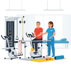 Senior man exercising on stationary bike with physical therapist assistance in a rehabilitation center.