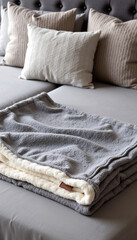 Cozy gray blanket folded on bed with decorative pillows in background  