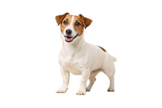Jack Russell terrier in sitting position with mouth open displaying white and brown coat pattern and happy demeanor, isolated on a transparent background