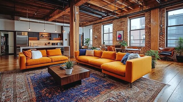 Modern loft apartment interior design with orange sofa, rustic brick walls and wooden ceiling beams