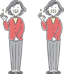 OKサインをするシニア女性　全身　ベクター
