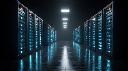 Fototapeta premium Dark server room lit by glowing blue tech