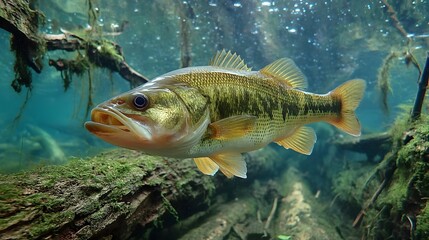 Fototapeta premium Bass swimming alongside a submerged tree stump in a natural habitat