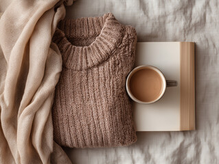 Warm sweater, scarf, book and coffee cup creating cozy atmosphere on bed
