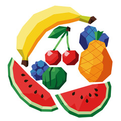 Colorful geometric fruit arrangement including watermelon, banana, and berries  