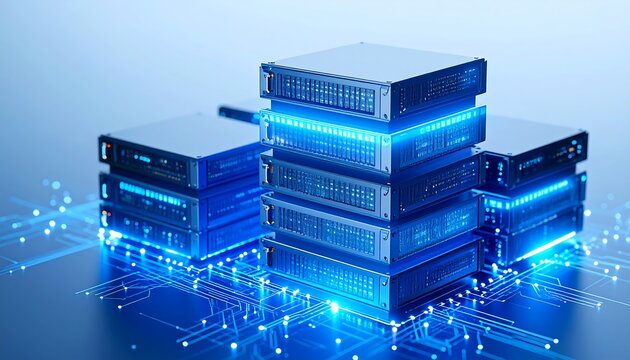 Stacked server racks with glowing blue lights