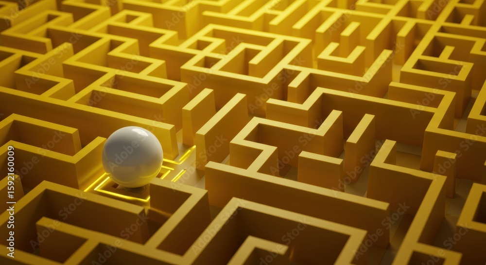 Poster yellow maze with white sphere: conceptual pathways and abstract navigation