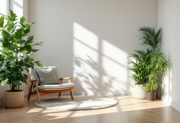 Fototapeta premium Sunlit minimalist room corner featuring a light wood armchair with a gray cushion on a round rug, flanked by two large potted plants, hardwood floors, and bright white walls