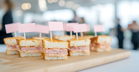 Mini sandwiches with ham and sauce, topped with blank pink flags, arranged on a wooden board for a business lunch or office event. Small appetizers.