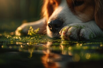 Pond's edge reflection of algae in dog's paw close-up. Park safety tips. Blue-green algae alerts rise for dog owners amid uk's weather shifts. Summer safety tips. Algae growth impact.