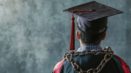 A student with a graduation cap, overlaid with chains and debt figures, representing the burden of student loans
