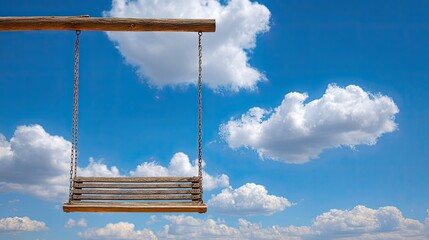 Wooden swing against a partly cloudy sky