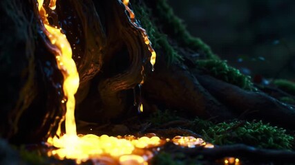 Glowing golden sap or molten gold oozing from the roots of a tree in a dark forest. - Powered by Adobe