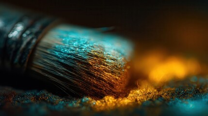 Close-up of a paintbrush with teal and gold pigment.