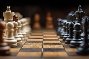 Chess pieces on a board, facing off