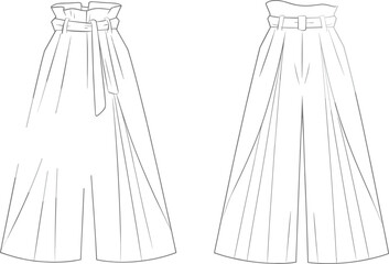 CAD drawing flat vector illustration, high-waisted wide-leg pants, paper bag waist trousers, pleated fashion sketch, women's apparel template