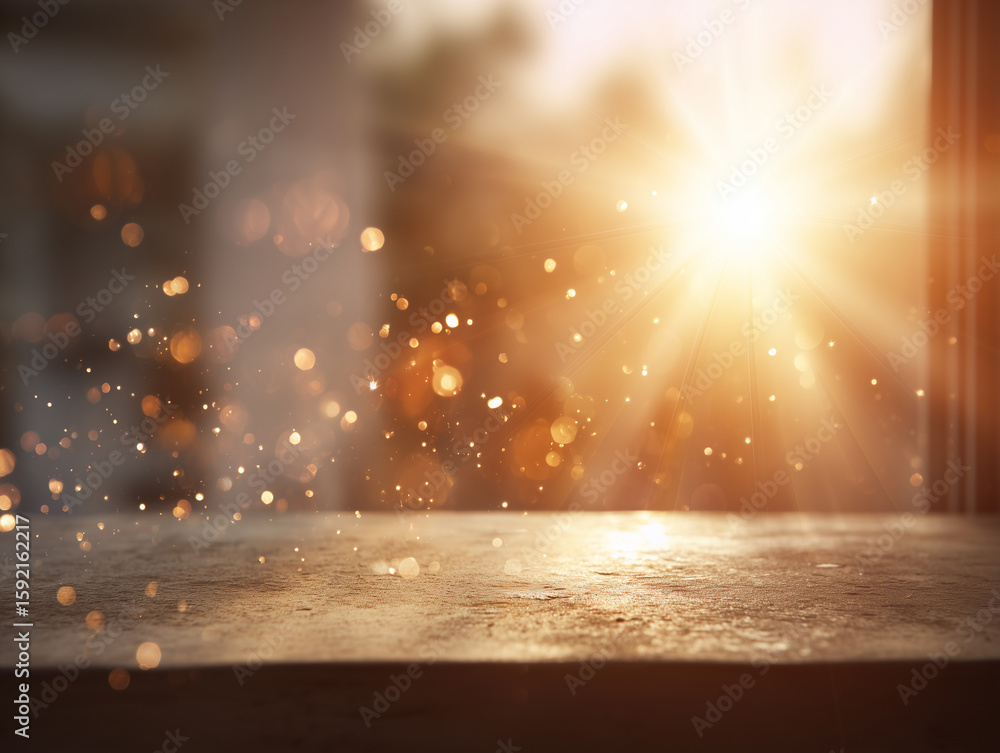 Poster empty wooden table illuminating by soft golden light flare with blurred bokeh background