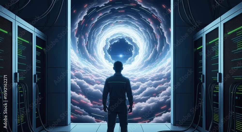 Poster a man stands in a server room, gazing at a glowing digital vortex on a large screen, symbolizing dat