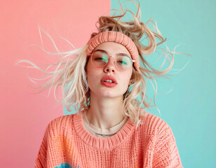 Happy portrait of a woman in motion vibrant setting fun content colorful environment playful viewpoint expressing joy