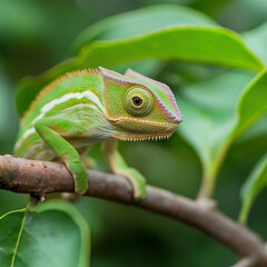 Obraz premium Chameleon reptile showcasing natural camouflage on a jungle branch in the lush green environment