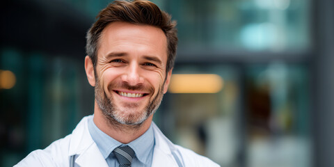 Portrait of smiling doctor wearing white coat in hospital setting