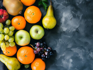 Fresh assorted fruits forming a border on dark background