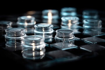 Close-up of clear chess pieces on dark board