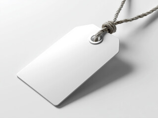 Blank white rectangular price tag with string on white background