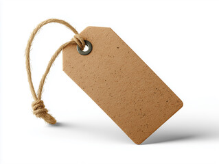 Blank cardboard price tag with rope on white background