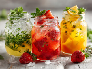 Refreshing summer drinks with fruit and ice in glass jars